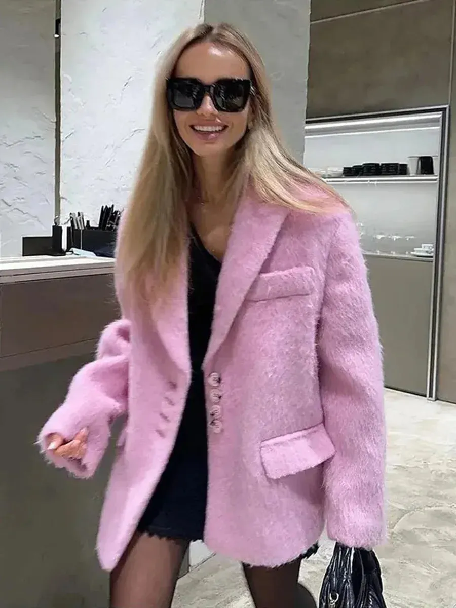 Advbridge Winter Pink Plush Jacket Women's Parkas Vintage Lapel Neck Single Breasted Coats Lady Elegant Long Sleeve Casual Jacket 2024