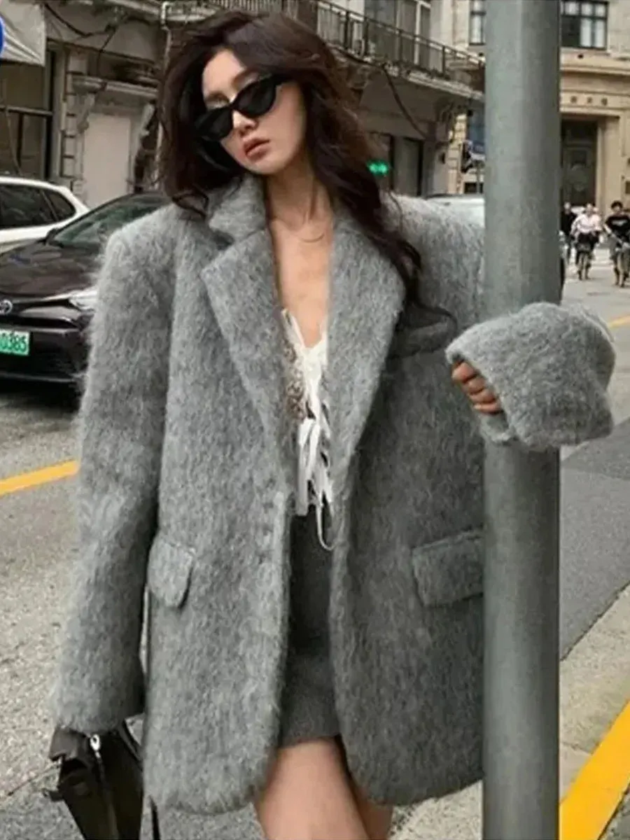 Advbridge Winter Pink Plush Jacket Women's Parkas Vintage Lapel Neck Single Breasted Coats Lady Elegant Long Sleeve Casual Jacket 2024