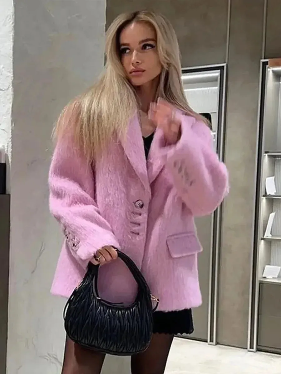 Advbridge Winter Pink Plush Jacket Women's Parkas Vintage Lapel Neck Single Breasted Coats Lady Elegant Long Sleeve Casual Jacket 2024