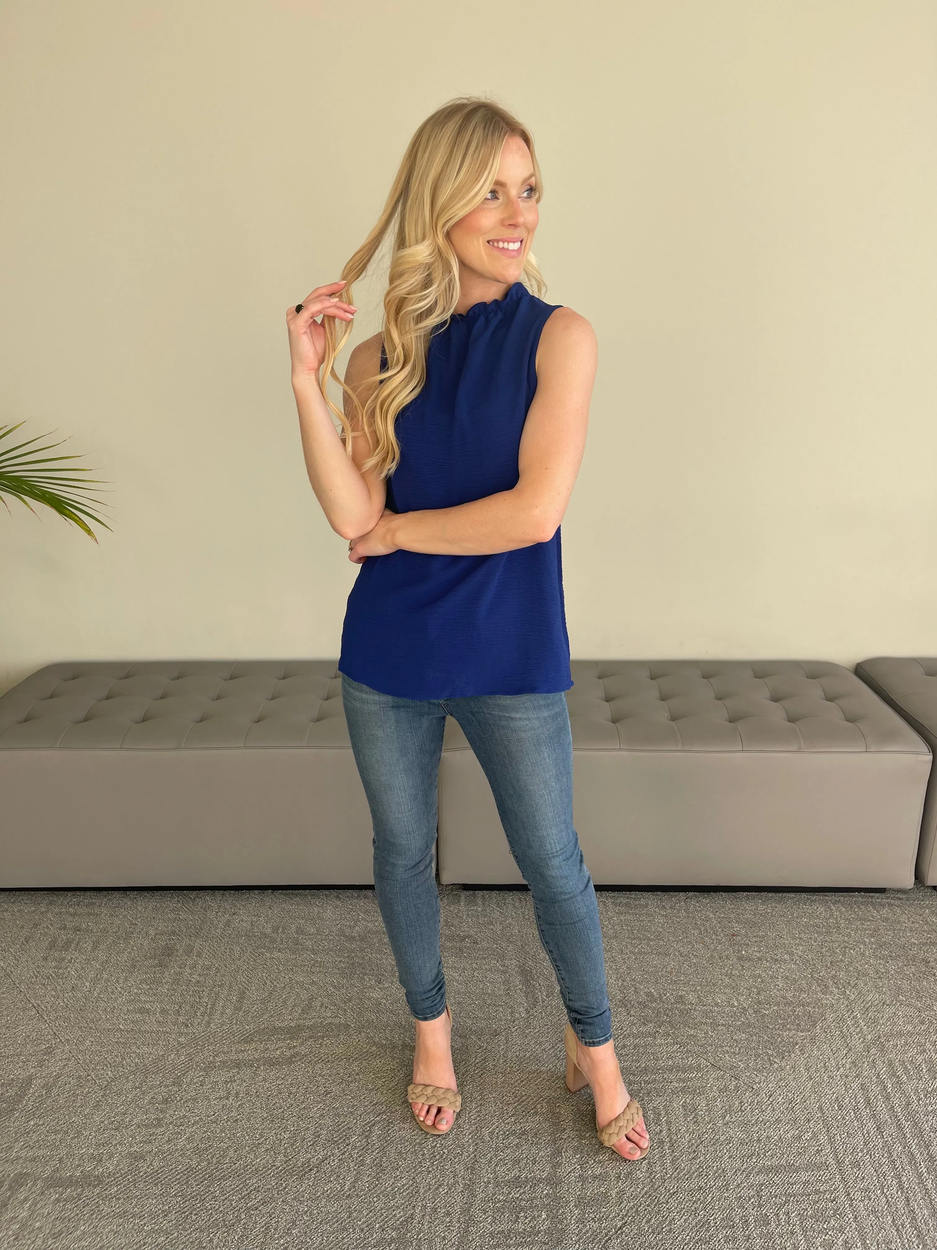 Audrey Ruffle Neck Sleeveless Top - Navy