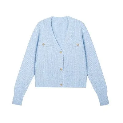 Back to College Joskaa Cardigan Woman Sweaters Fall Winter 2024 New Long Sleeve V Neck Button Up Jackets Knitted Short Coats Blue Pink Yellow