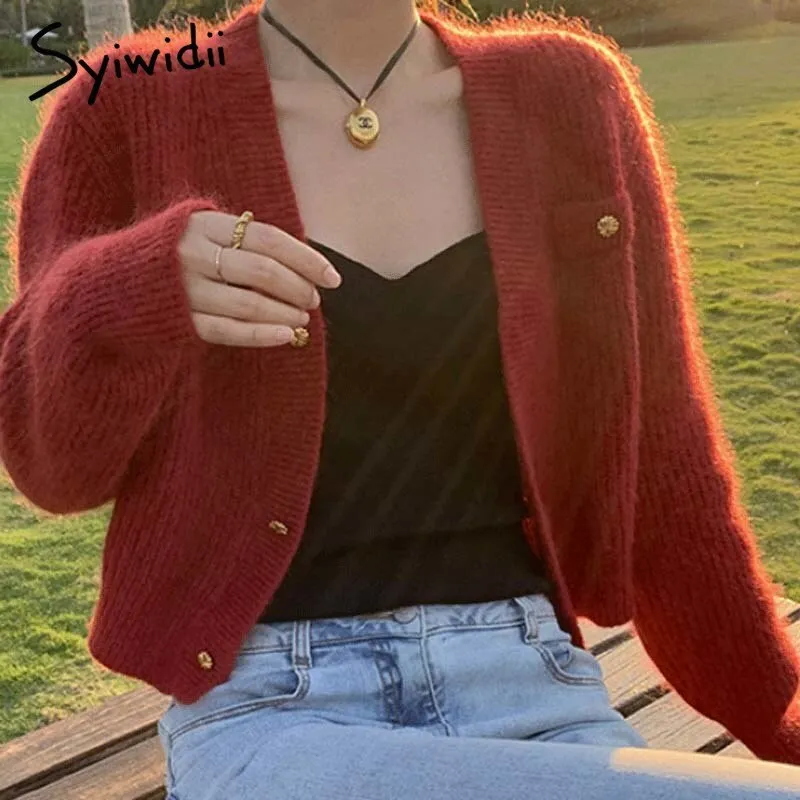 Back to College Joskaa Cardigan Woman Sweaters Fall Winter 2024 New Long Sleeve V Neck Button Up Jackets Knitted Short Coats Blue Pink Yellow