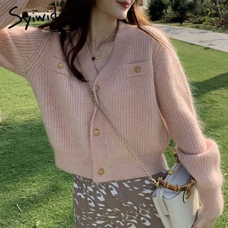 Back to College Joskaa Cardigan Woman Sweaters Fall Winter 2024 New Long Sleeve V Neck Button Up Jackets Knitted Short Coats Blue Pink Yellow