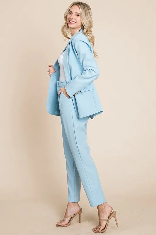 Blue Single Breasted Blazer & High Waisted Pants Set