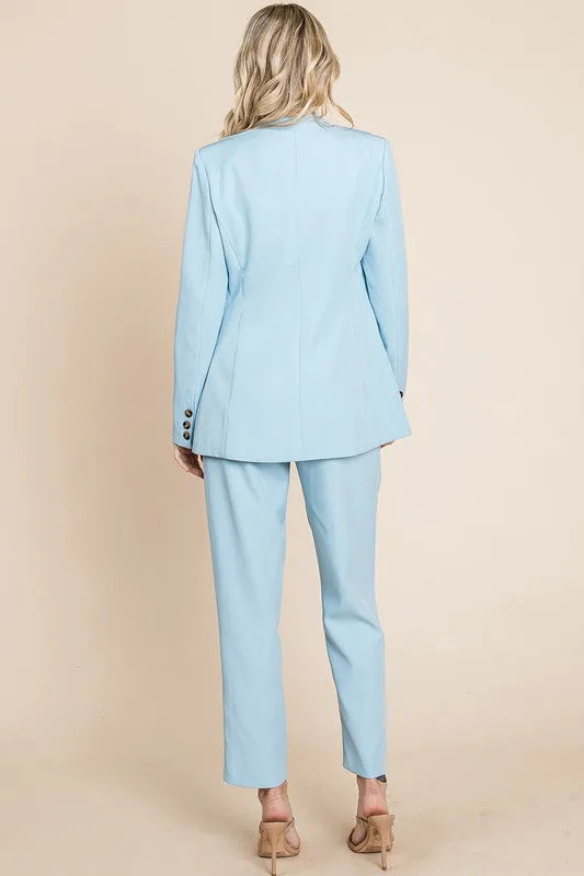 Blue Single Breasted Blazer & High Waisted Pants Set