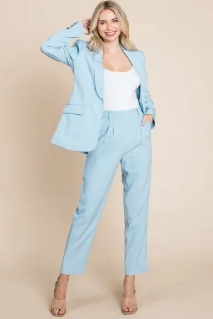 Blue Single Breasted Blazer & High Waisted Pants Set