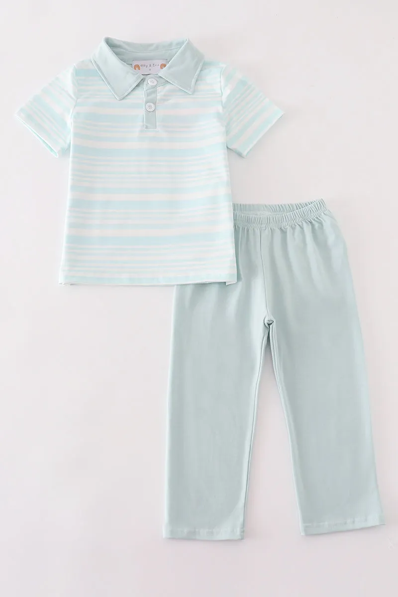 Blue stripe ruffle boy pants set