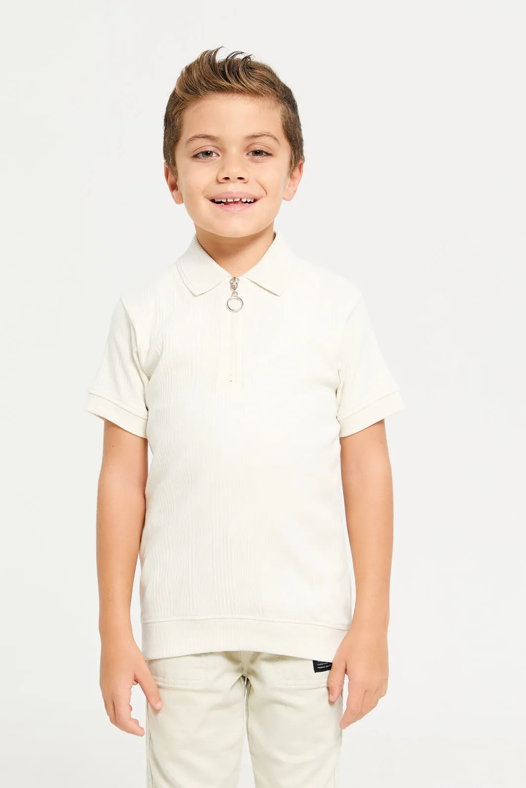 Boys Beige Zip Placket Polo T-Shirt