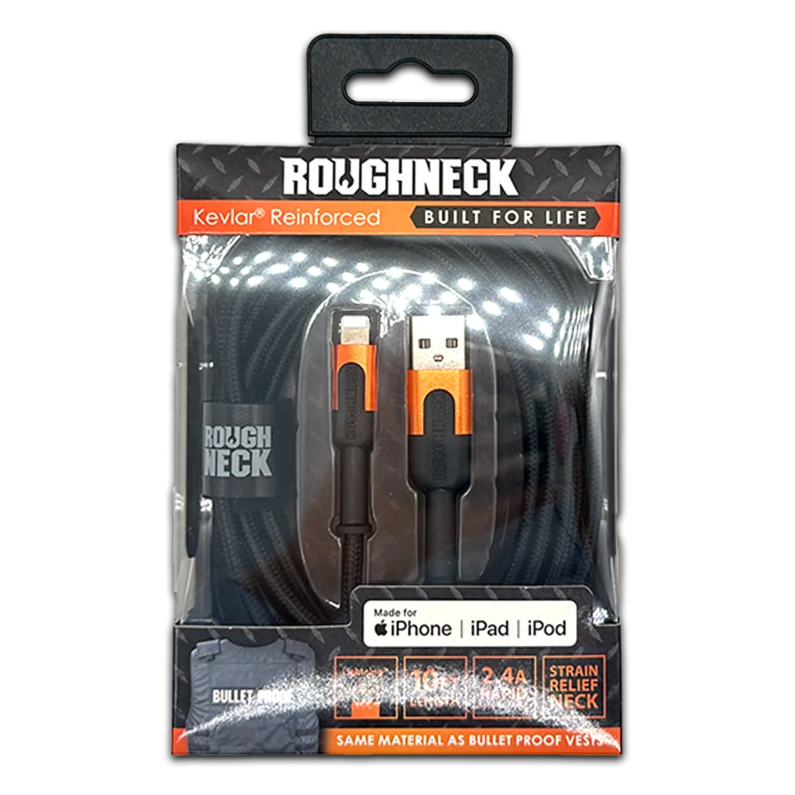 Charging Cable Roughneck Soft Cloth USB to Lightning 10FT 2.4 Amp - 4 Pieces Per Retail Ready Pack 41594