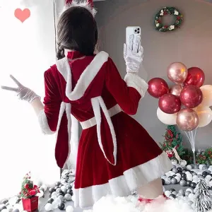 Christmas Bunny Ears Bow Knot Hooded Dress Set