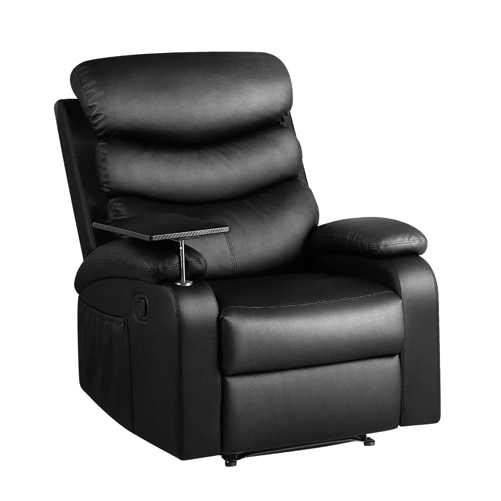 Cora Recliner Chair Armchair Lounge Chair Couch Leather with Tray Table - Black