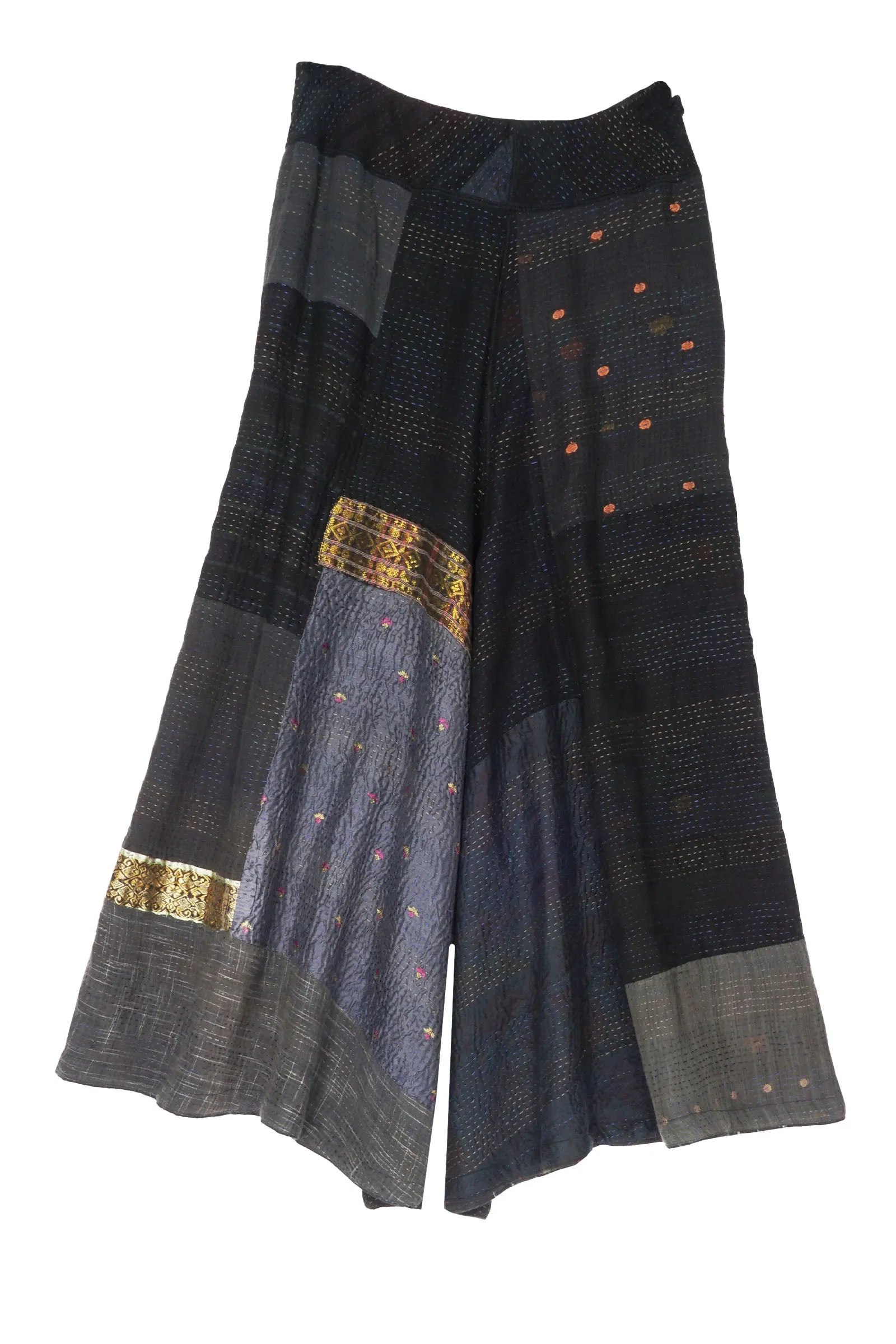 COTTON SILK SW PATCH KANTHA WIDE LEG SHORT PANTS - ws2624-blk -