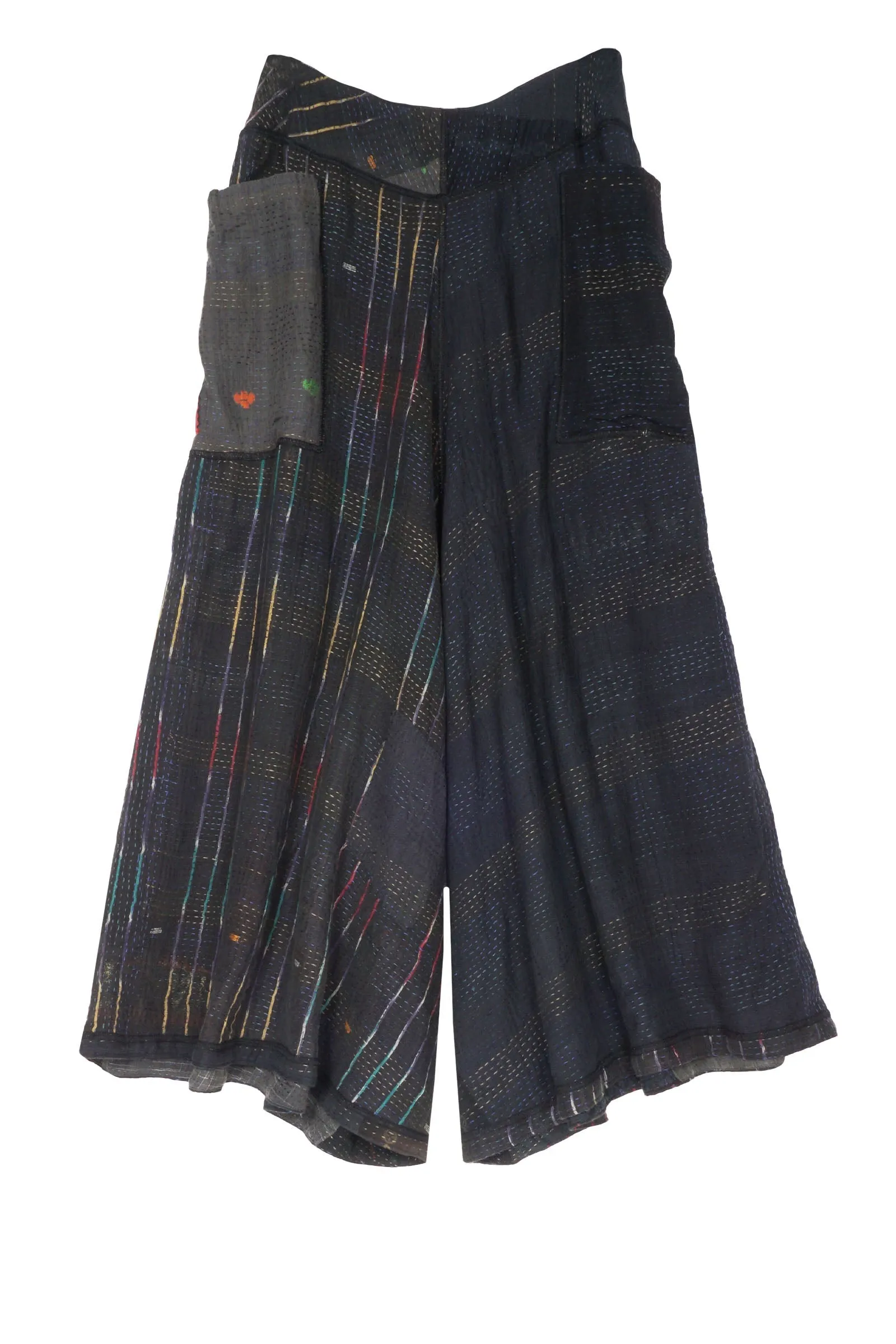 COTTON SILK SW PATCH KANTHA WIDE LEG SHORT PANTS - ws2624-blk -