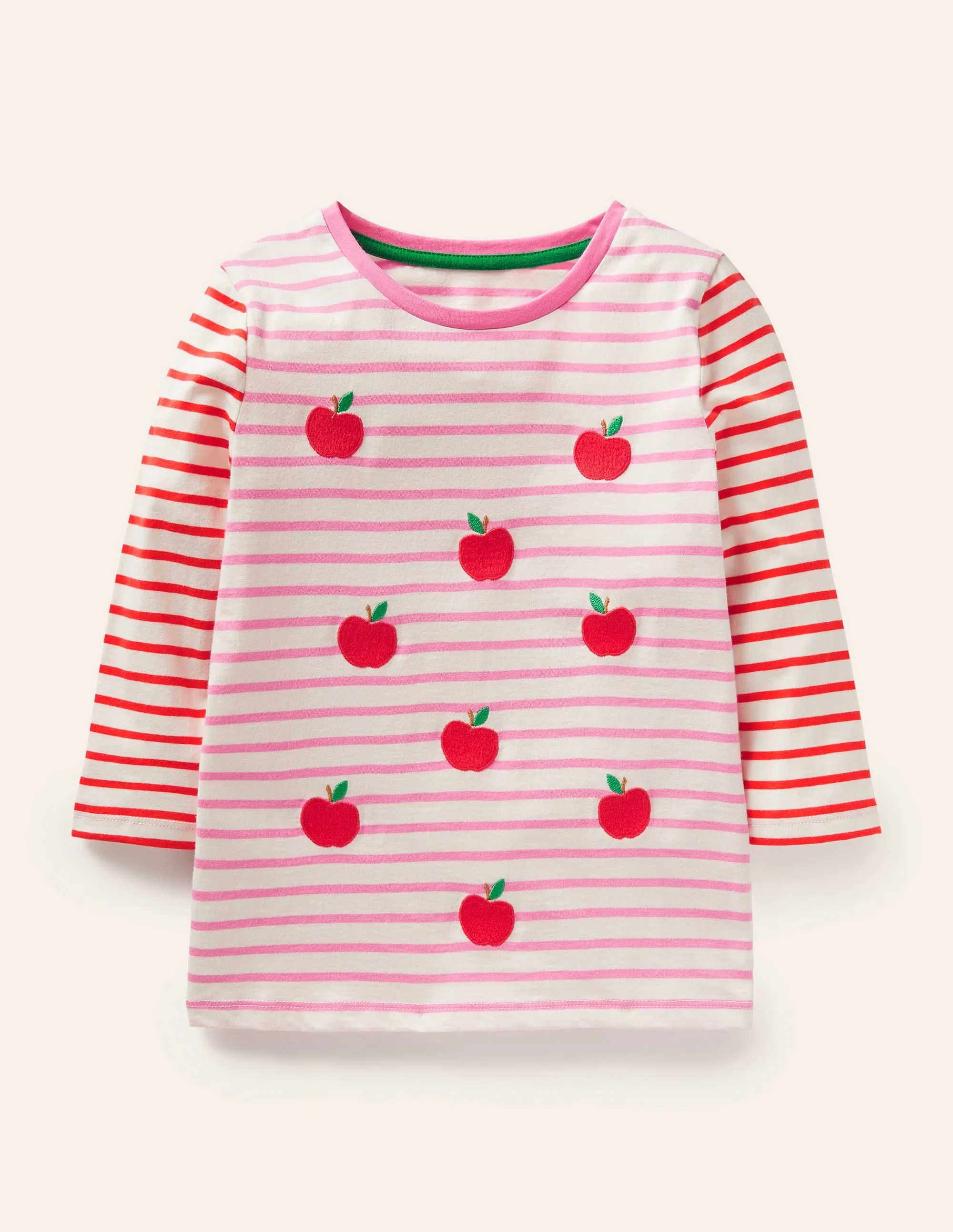 Embroidered Stripy T-shirt-Bright Petal Pink/Ivory Apples