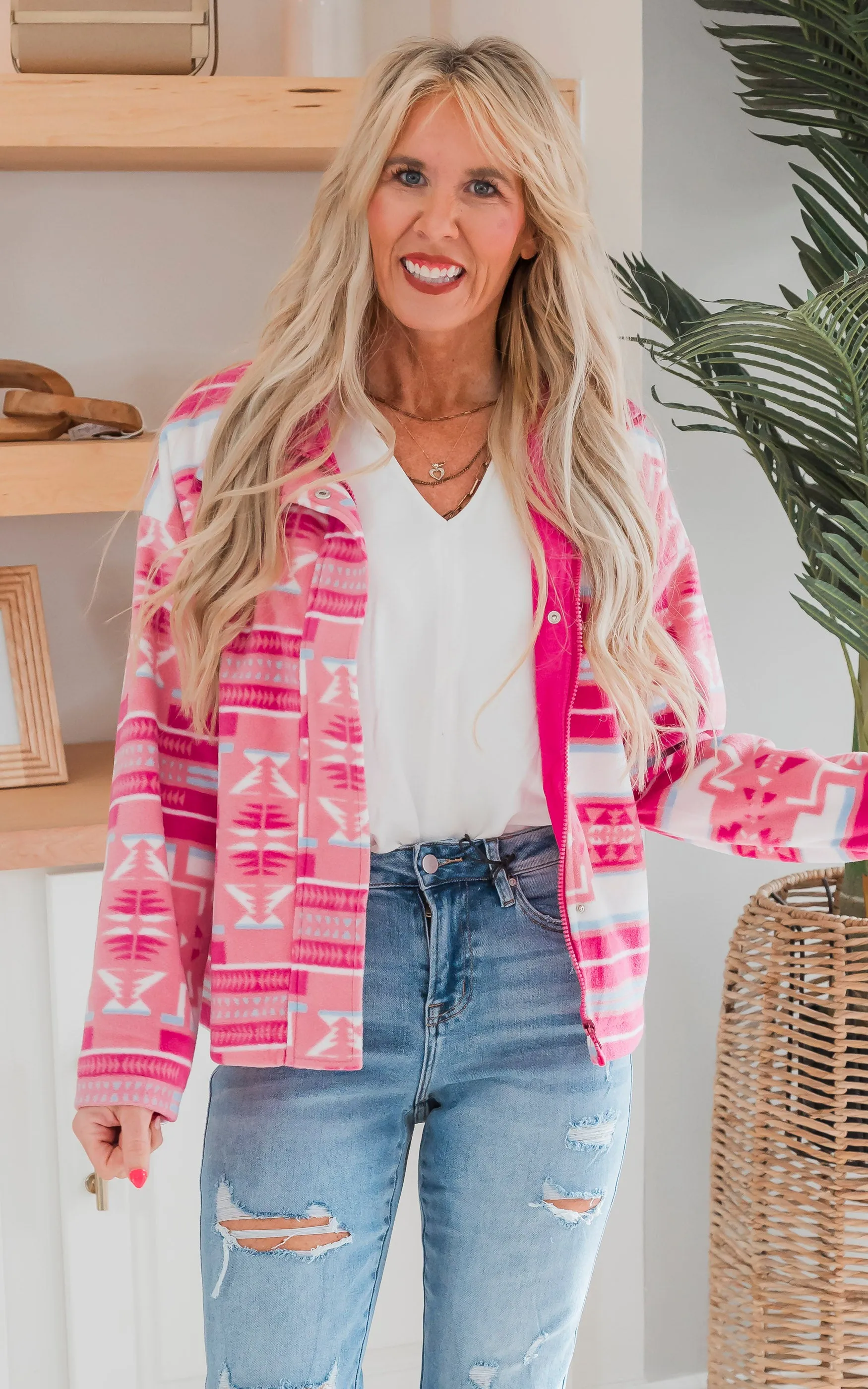 Fuchsia Aztec Soft Cozy Zip Up Jacket - Final Sale