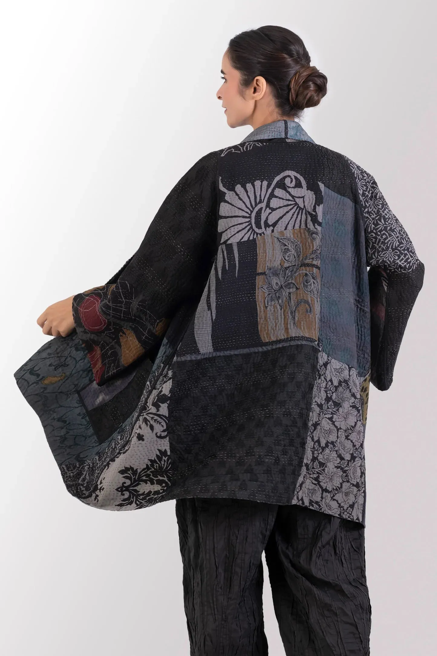 GEORGETTE JACQUARD VINTAGE SILK PATCH KANTHA A-LINE JACKET