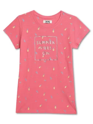 Girls Pink Round Neck Printed T-Shirt