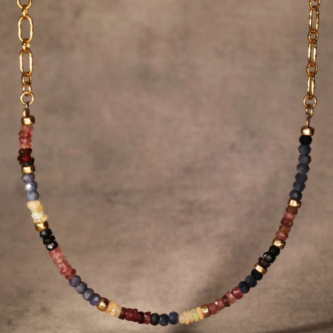 Half Stone Blue Red Sapphire and Opal Necklace