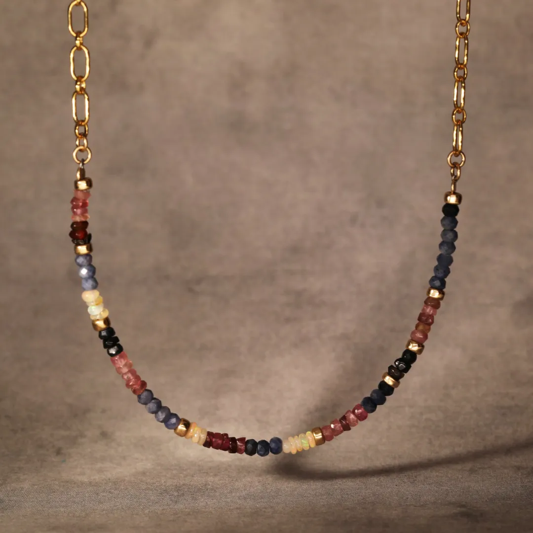 Half Stone Blue Red Sapphire and Opal Necklace