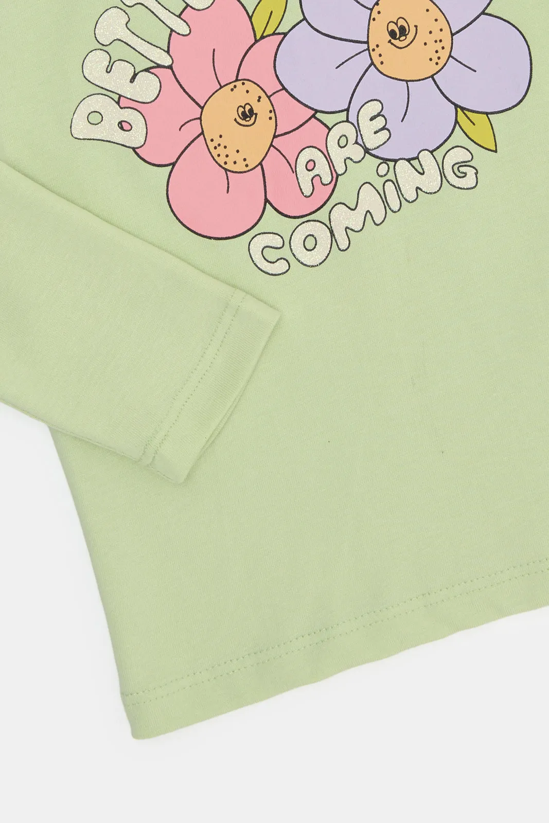 Infant Girls Green Flower Printed T-Shirt