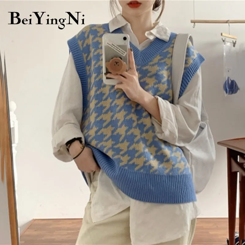 Joskaa Christmas Gift Beiyingni 2024 Autumn Winter Houndstooth Sweater Vest Knitted Vintage Loose Sleeveless Pullover Fashion Cute Casual Black Jumper