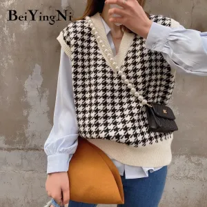 Joskaa Christmas Gift Beiyingni 2024 Autumn Winter Houndstooth Sweater Vest Knitted Vintage Loose Sleeveless Pullover Fashion Cute Casual Black Jumper