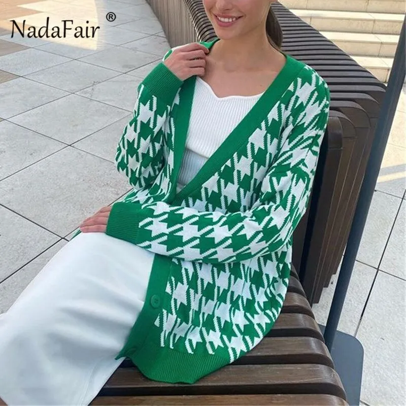 Joskaa Christmas Gift Nadafair Houndstooth Knitted Oversized Cardigan Green 2024 Vintage Sweater Jumper Black Autumn Winter Cardigan Women Coats