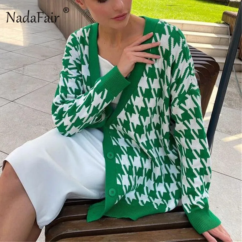 Joskaa Christmas Gift Nadafair Houndstooth Knitted Oversized Cardigan Green 2024 Vintage Sweater Jumper Black Autumn Winter Cardigan Women Coats