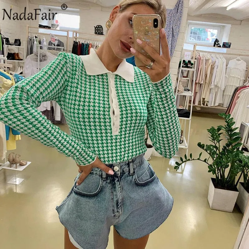 Joskaa Christmas Gift Nadafair Houndstooth Knitted Oversized Cardigan Green 2024 Vintage Sweater Jumper Black Autumn Winter Cardigan Women Coats