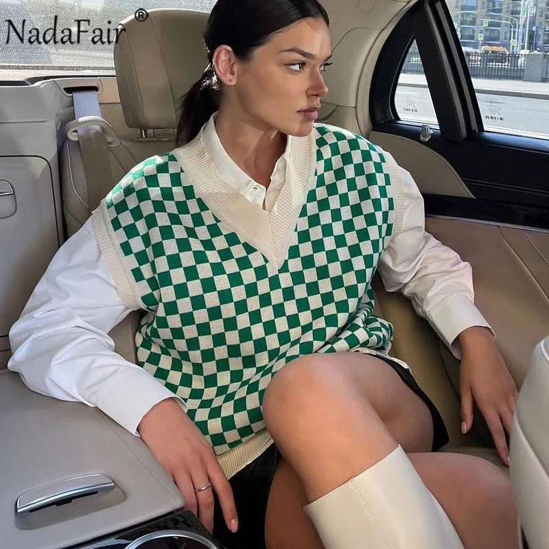 Joskaa Christmas Gift Nadafair Houndstooth Knitted Oversized Cardigan Green 2024 Vintage Sweater Jumper Black Autumn Winter Cardigan Women Coats