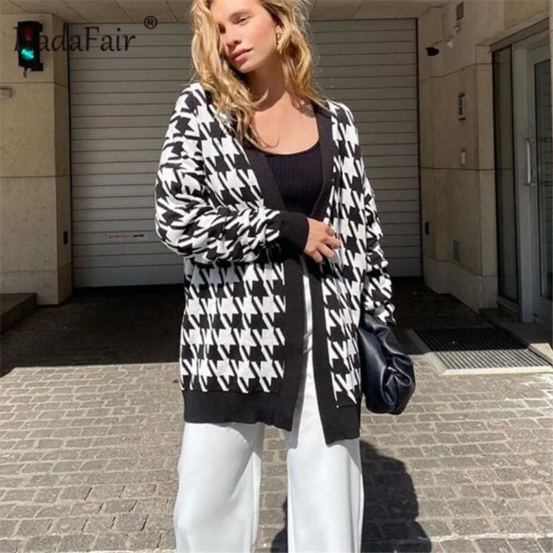 Joskaa Christmas Gift Nadafair Houndstooth Knitted Oversized Cardigan Green 2024 Vintage Sweater Jumper Black Autumn Winter Cardigan Women Coats