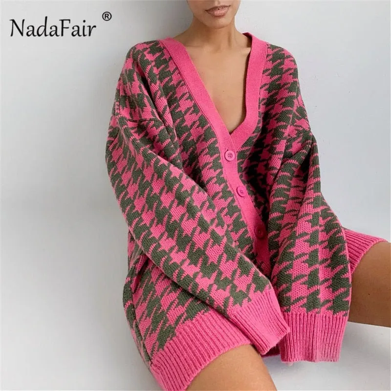 Joskaa Christmas Gift Nadafair Houndstooth Knitted Oversized Cardigan Green 2024 Vintage Sweater Jumper Black Autumn Winter Cardigan Women Coats