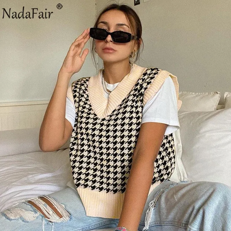 Joskaa Christmas Gift Nadafair Houndstooth Knitted Oversized Cardigan Green 2024 Vintage Sweater Jumper Black Autumn Winter Cardigan Women Coats