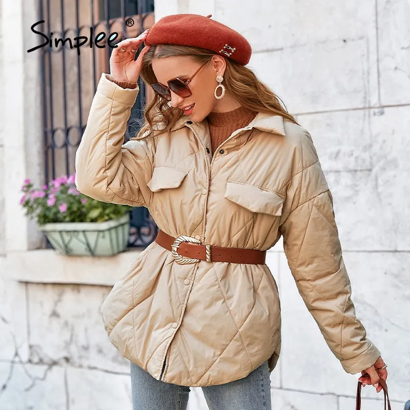 Joskaa Elegant pattern button pocket women short coat winter Office lady long sleeves lapel loose parkas Female solid warm coat