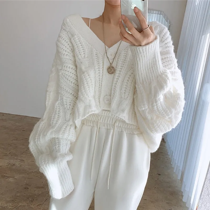 Joskaa Vintage Criss-Cross Cardigan Woman Sweaters Fall Winter 2024 Raglan Sleeve V Neck Button Up Jackets Knitted Short Coats