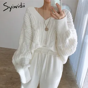 Joskaa Vintage Criss-Cross Cardigan Woman Sweaters Fall Winter 2024 Raglan Sleeve V Neck Button Up Jackets Knitted Short Coats