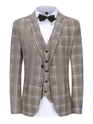 Light Brown Men's Slim-Fit 3PC Check Plaid Suit - Short