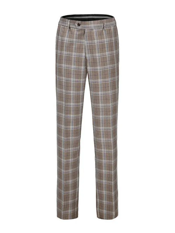 Light Brown Men's Slim-Fit 3PC Check Plaid Suit - Short