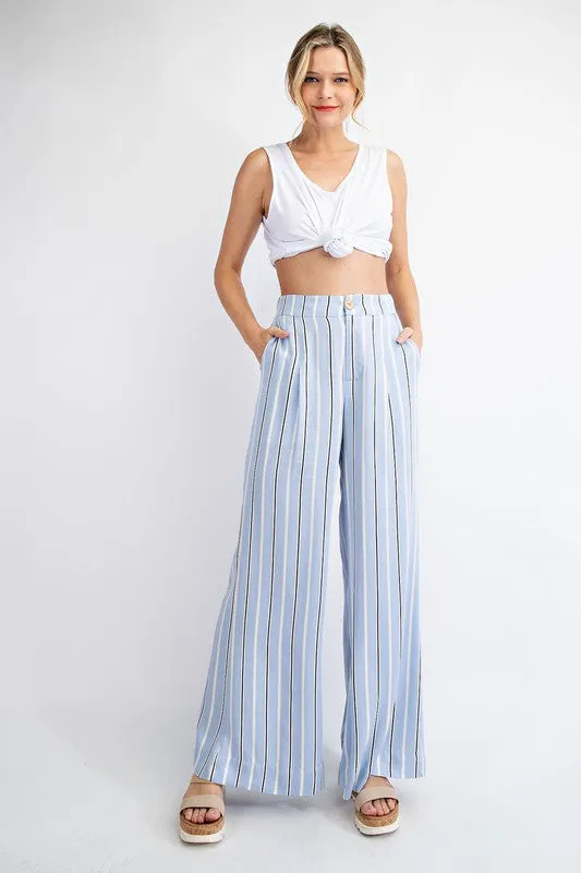 Lt Blue Striped Hi Waist Wide Leg Long Pants