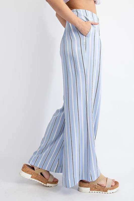 Lt Blue Striped Hi Waist Wide Leg Long Pants