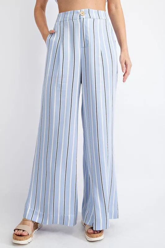 Lt Blue Striped Hi Waist Wide Leg Long Pants