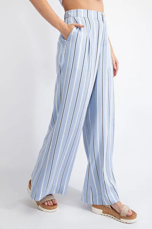 Lt Blue Striped Hi Waist Wide Leg Long Pants