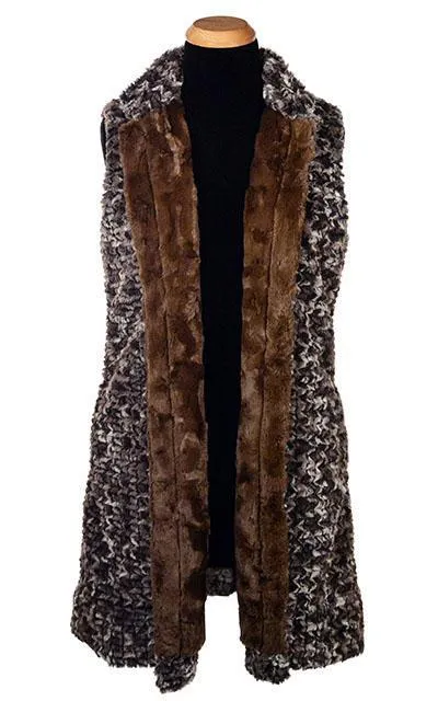 Mandarin Vest, Reversible less pockets - Luxury Faux Fur in Calico with Cuddly Fur in Chocolate - Sold out!