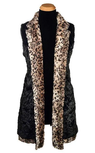 Mandarin Vest, Reversible less pockets - Luxury Faux Fur in Carpathian Lynx with Cuddly Fur in Black  - Sold Out!