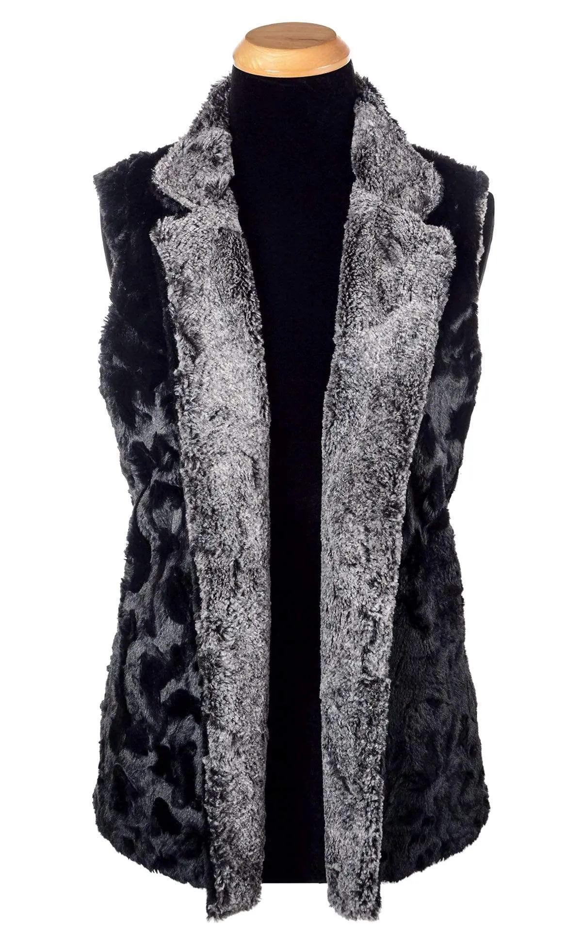 Mandarin Vest Short, Reversible less pockets - Luxury Faux Fur Nimbus with Cuddly Fur in Black