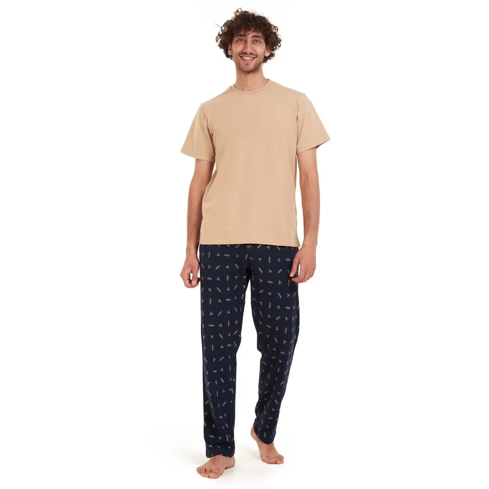 Men summer pajama set Beige t-shirt  Dark blue leaves Pants