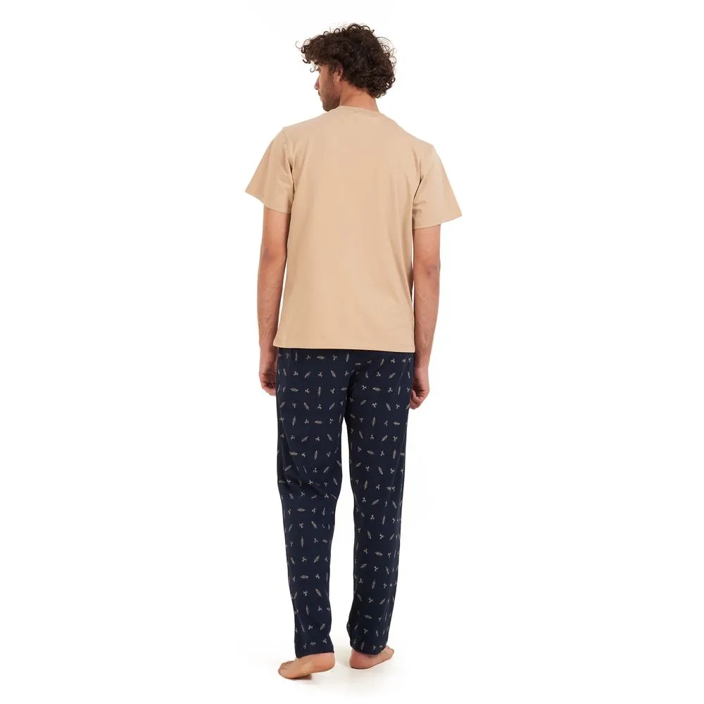 Men summer pajama set Beige t-shirt  Dark blue leaves Pants