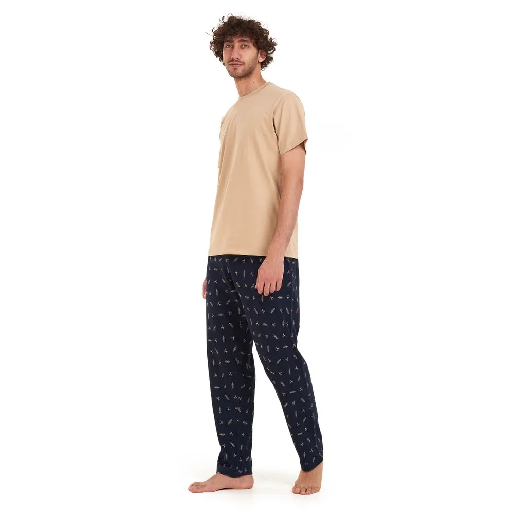 Men summer pajama set Beige t-shirt  Dark blue leaves Pants