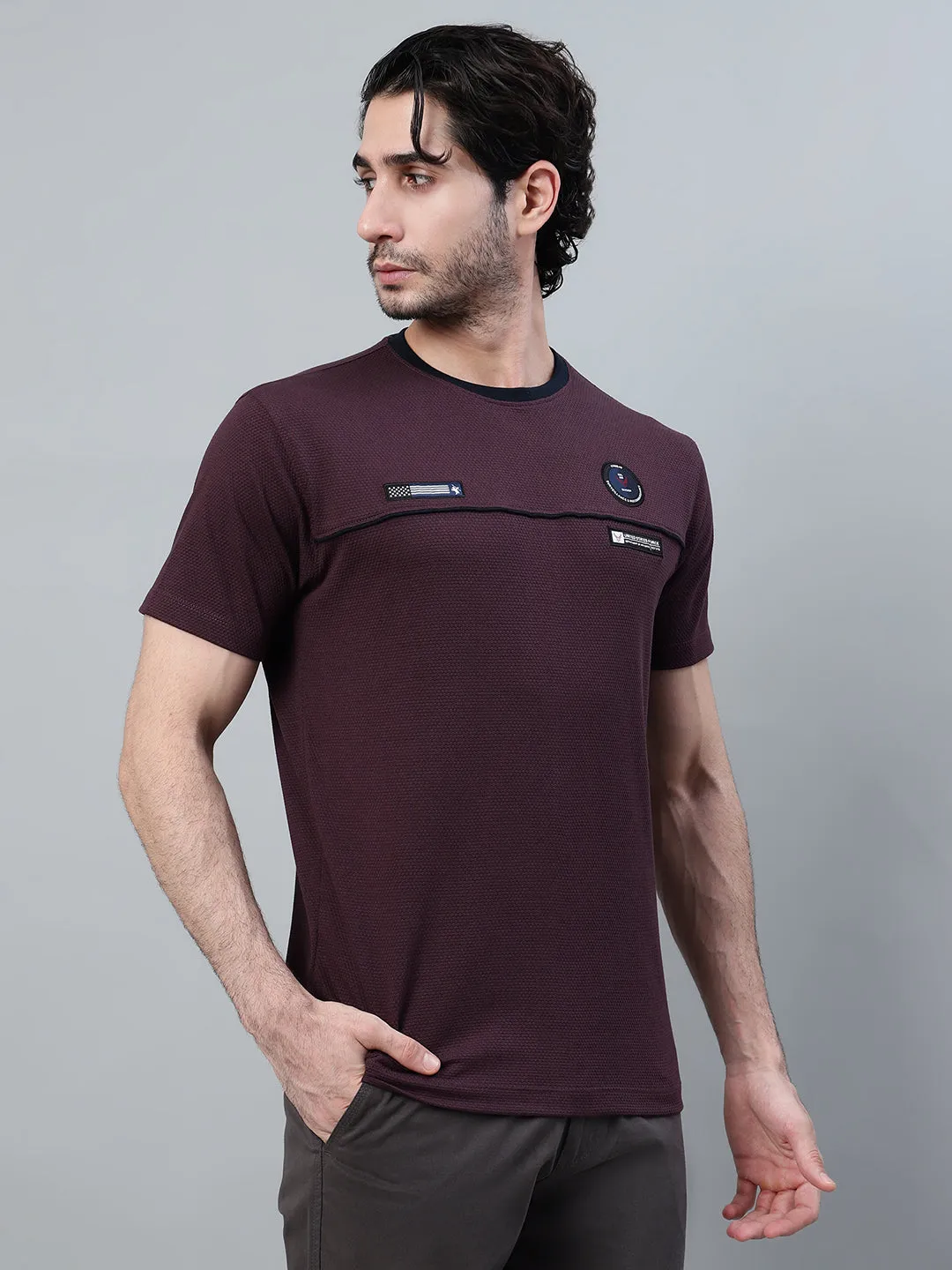 Men's Wine Self Design Round Neck T-shirt