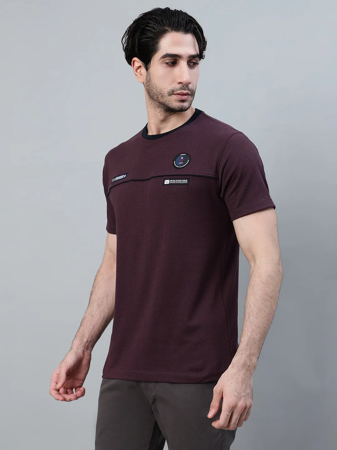 Men's Wine Self Design Round Neck T-shirt